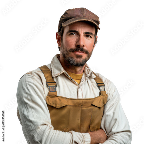 Confident Male Worker in Vintage Outfit with Brown Bib Overalls