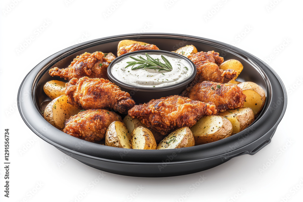 Fototapeta premium a platter piled with crispy fried chicken pieces paired with potato wedges