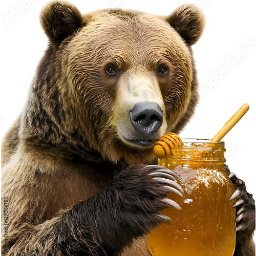 Grizzly bear drinks honey from jar