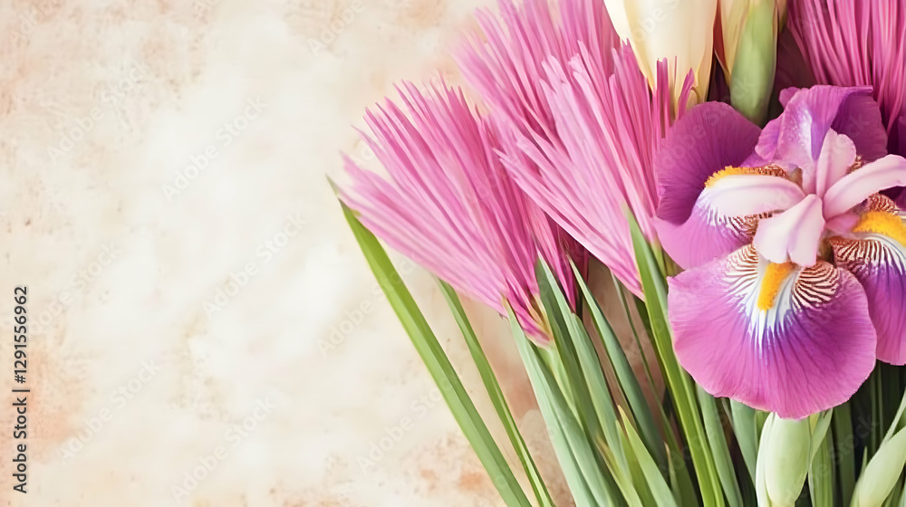 Fototapeta premium Pink Floral Arrangement on Beige Background