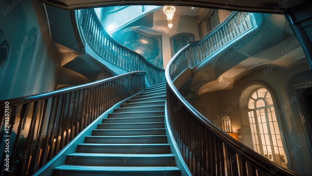 Fototapeta premium Blue staircase curves upward in large hall. Wood railing and grey stairs lead to chandelier on ceiling.
