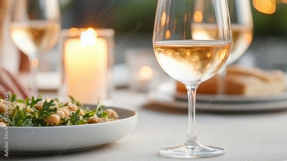 Romantic Candlelit Dinner Setting for a Couple in Evening Ambience Romantic Candlelit Dinner Setting for a Couple in Evening Ambience