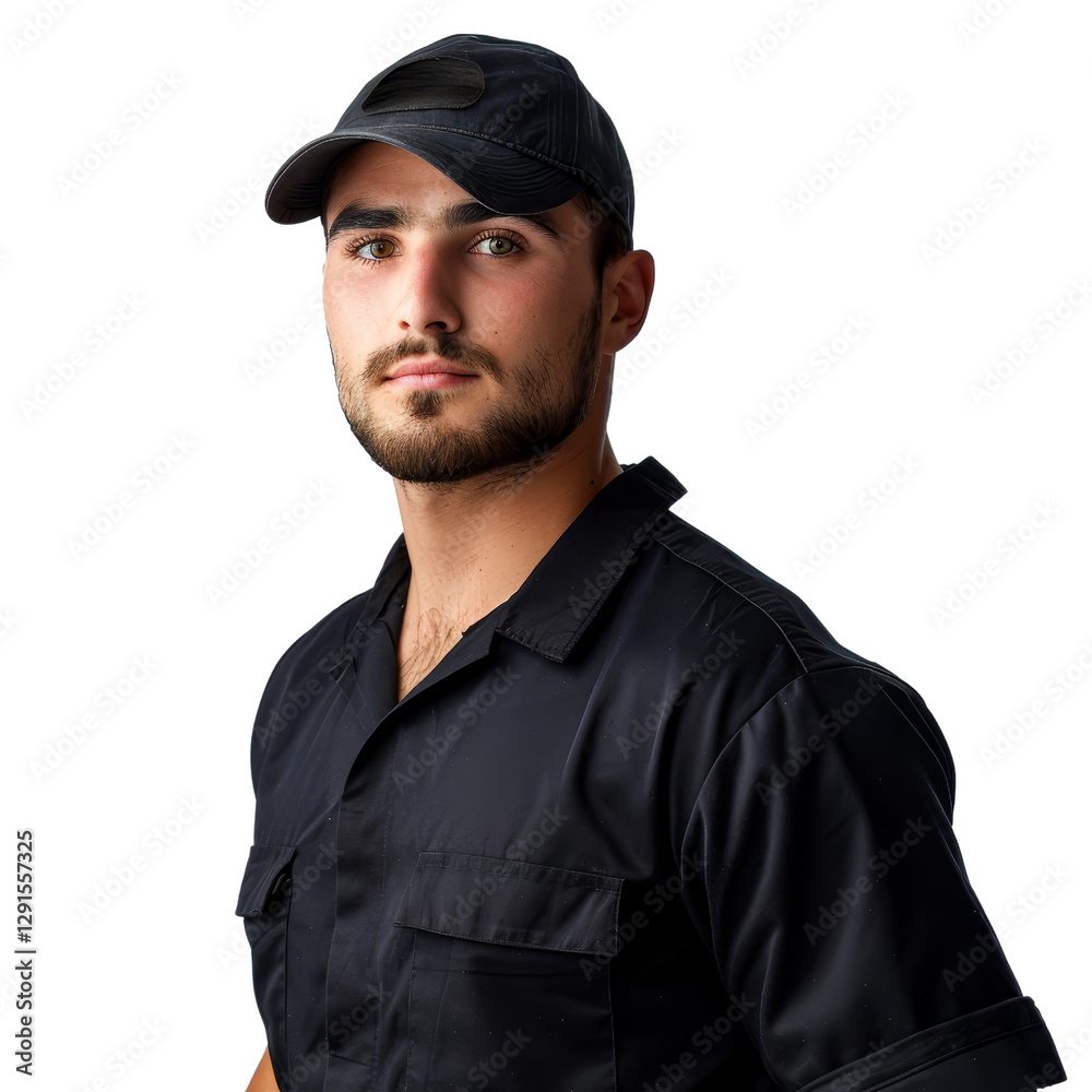 Confident Young Man Wearing Black Shirt and Cap Posing for Portrait Confident Young Man Wearing Black Shirt and Cap Posing for Portrait