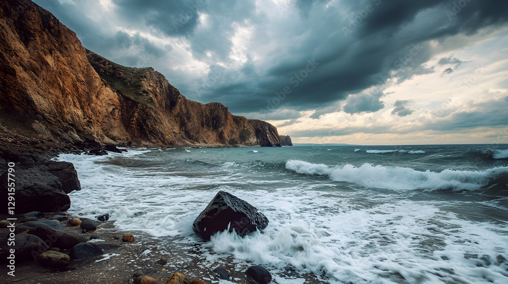 Obraz premium background with waves crashing against cliffs under a cloudy sky 