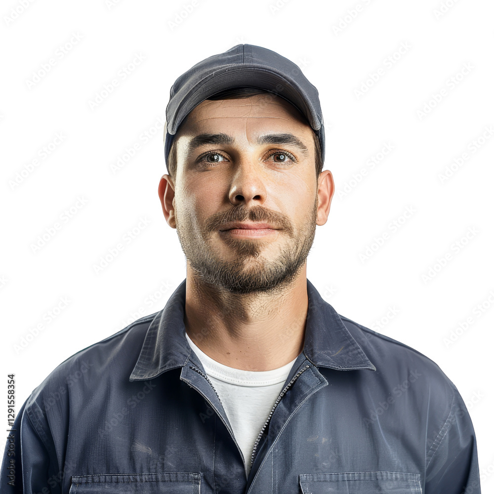 Confident Young Worker in Blue Uniform with Cap and Neutral Expression Confident Young Worker in Blue Uniform with Cap and Neutral Expression