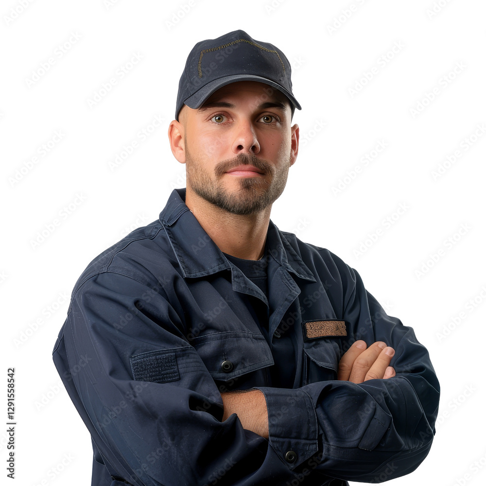 Confident Male Technician in Blue Uniform with Cap and Crossed Arms Confident Male Technician in Blue Uniform with Cap and Crossed Arms
