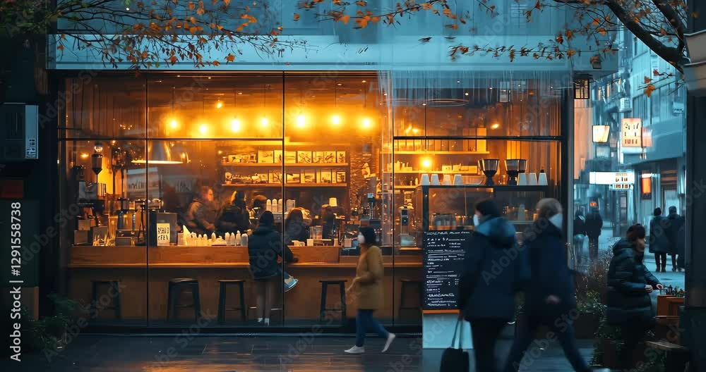 Rainy evening in a cozy Japanese cafe with warm lights and people walking by.