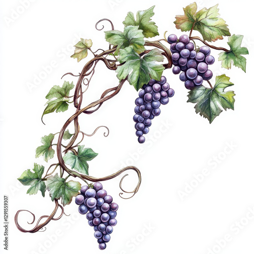 twisted grapevine with curling tendrils and ripe grapes, showcasing vibrant green leaves and rich purple fruit, perfect for nature themed designs