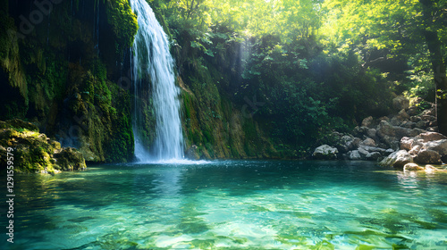 background with crystal-clear water cascading into a lush green pool 