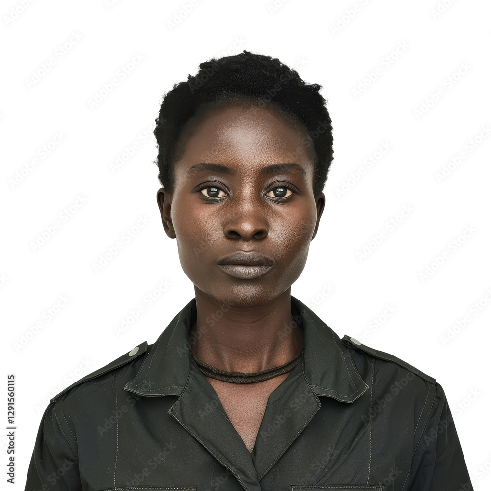 Obraz premium Confident Young Woman with Short Hairwearing Military-Inspired Outfit