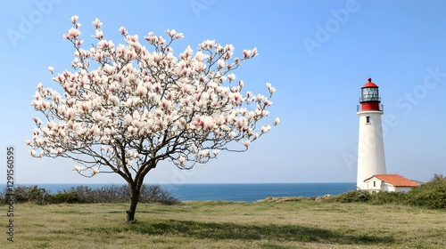 Spring blossoms by a lighthouse
