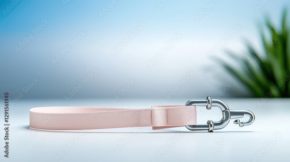Pink leather leash on white table, blurred plants background; pet accessory product shot Pink leather leash on white table, blurred plants background; pet accessory product shot