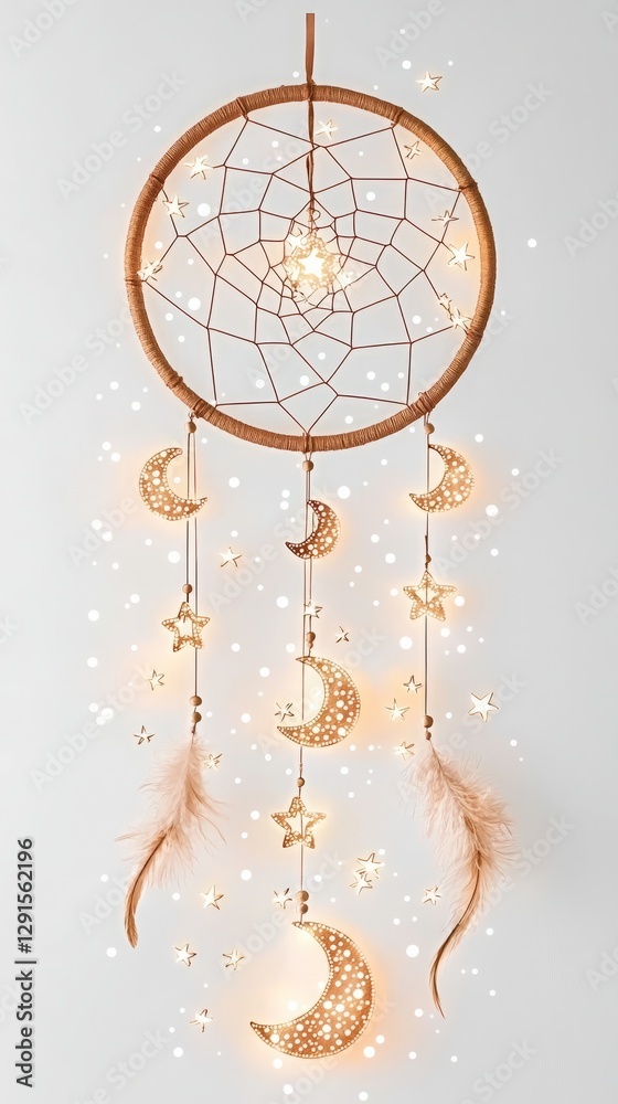 Obraz premium Mystical celestial moon aura. A decorative dream catcher featuring moons, stars, and feathers, illuminated with twinkling lights, creating a whimsical and enchanting atmosphere.