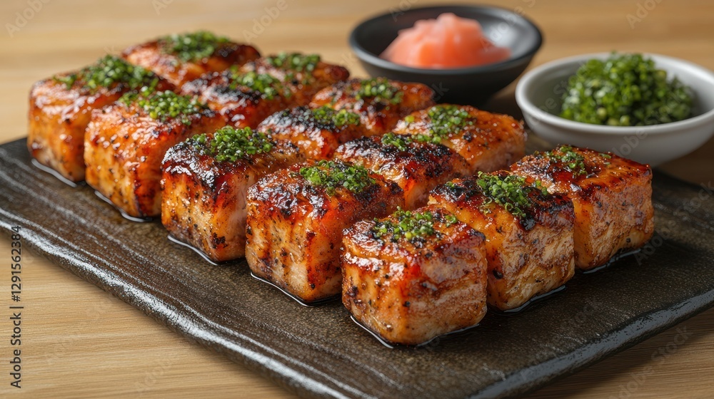 Grilled Salmon Cubes on Dark Tray with Condiments on Wooden Table Grilled Salmon Cubes on Dark Tray with Condiments on Wooden Table