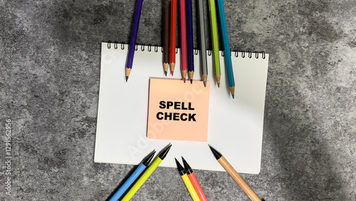 Concept of Spell Check write on sticky notes isolated on Wooden Table. photo