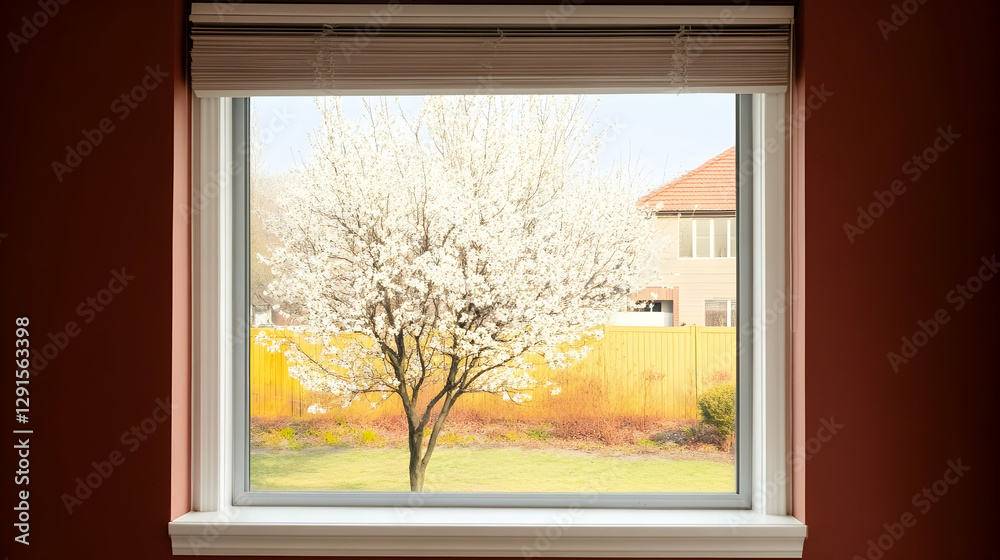 Fototapeta premium Spring blossoms viewed through an interior window