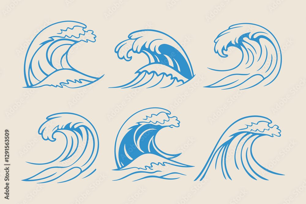 Obraz premium Vintage Hand-Drawn Ocean Waves, Storm Tides, and Beach Storms Vector Illustration Set