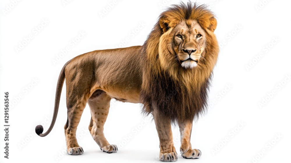 Obraz premium A striking lion standing proudly against a pure white background showcasing its majestic features and strength