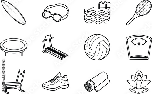 Fitness, Sports, and Wellness Equipment Icons Recreation, Health, Exercise