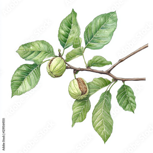 walnut branch with green husks and vibrant leaves showcases nature beauty. detailed hand painted illustration captures essence of growth and vitality