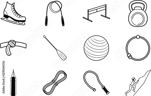 Fitness Equipment Icons Ice Skates, Jump Rope, Hurdles, Kettlebell, Exercise
