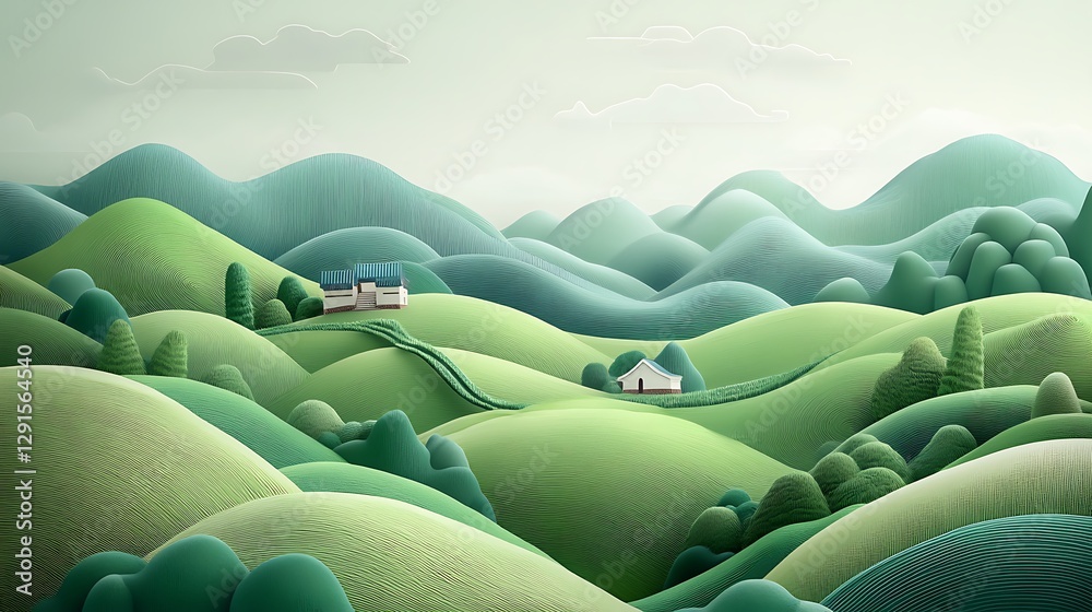Obraz premium Serene Rolling Hills: A 3D Rendered Landscape Illustration AI Generated