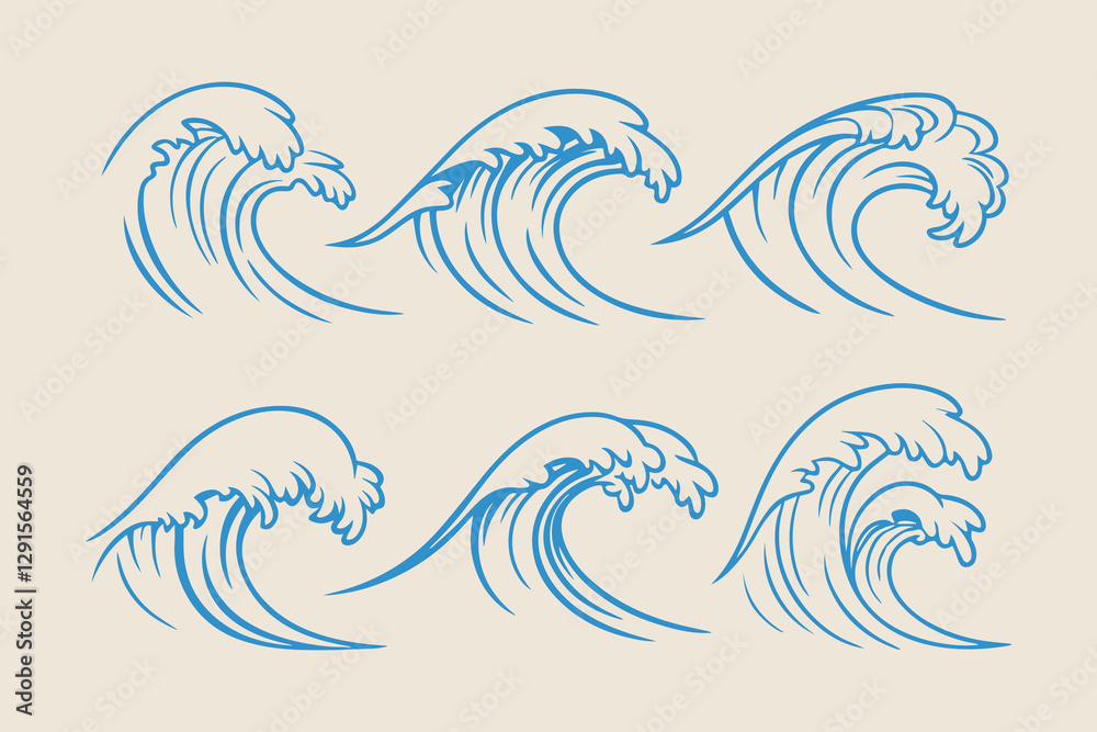 Obraz premium Vintage Hand-Drawn Ocean Waves, Storm Tides, and Beach Storms Vector Illustration Set