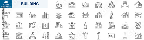 Set of 40 web icons Building in line style. Airport, Office, Hotel, Hospital, Insurance, town house, mall, coffee. Vector illustration.