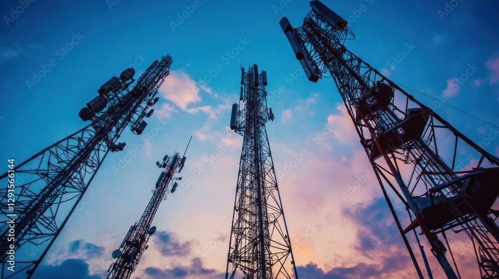 Telecommunication Towers Against a Vibrant Sunset Sky Supporting Wireless Signals Telecommunication Towers Against a Vibrant Sunset Sky Supporting Wireless Signals