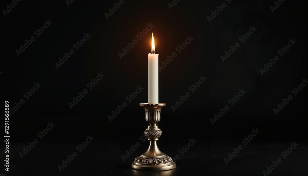 white candle burning in elegantly designed holder on black background white candle burning in elegantly designed holder on black background