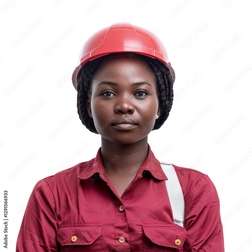 Confident Female Construction Worker with Red Safety Helmet Confident Female Construction Worker with Red Safety Helmet