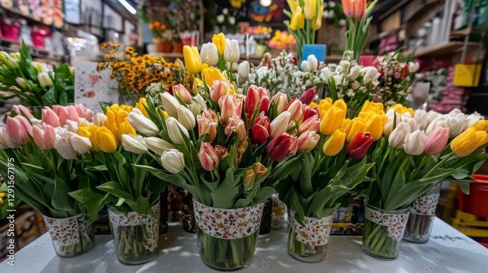 Colorful Tulips in Glass Jars at a Flower Market Colorful Tulips in Glass Jars at a Flower Market