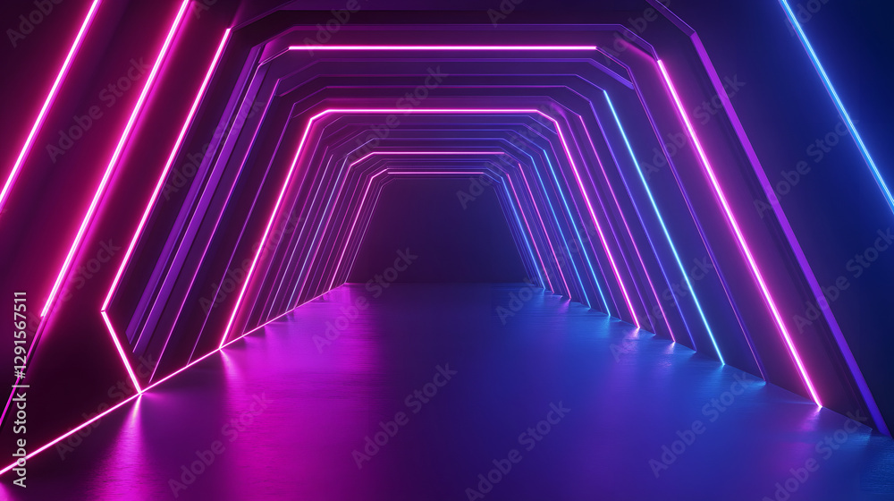 Fototapeta premium A dark blue background with purple and pink neon lines in the shape of hexagons