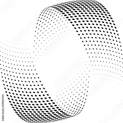 Flowing dots particles wave pattern monochrome halftone black gradient curve shape isolated on white background. Vector in concept of AI, technology, modern science, music, sound.