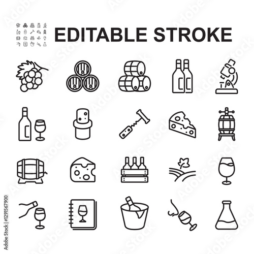 A set of line icons related to wine and brewery. Contains icons such as wine, beer bottles and many more.