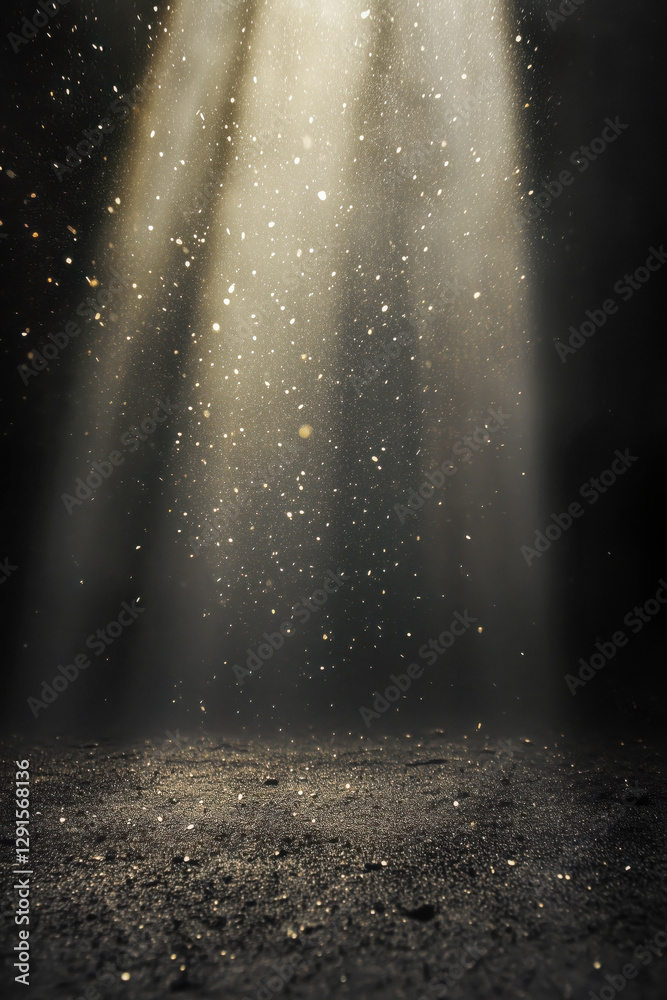 Godrays and small golden particles floating in the light in a dark black enviroment with smoke over a soil.