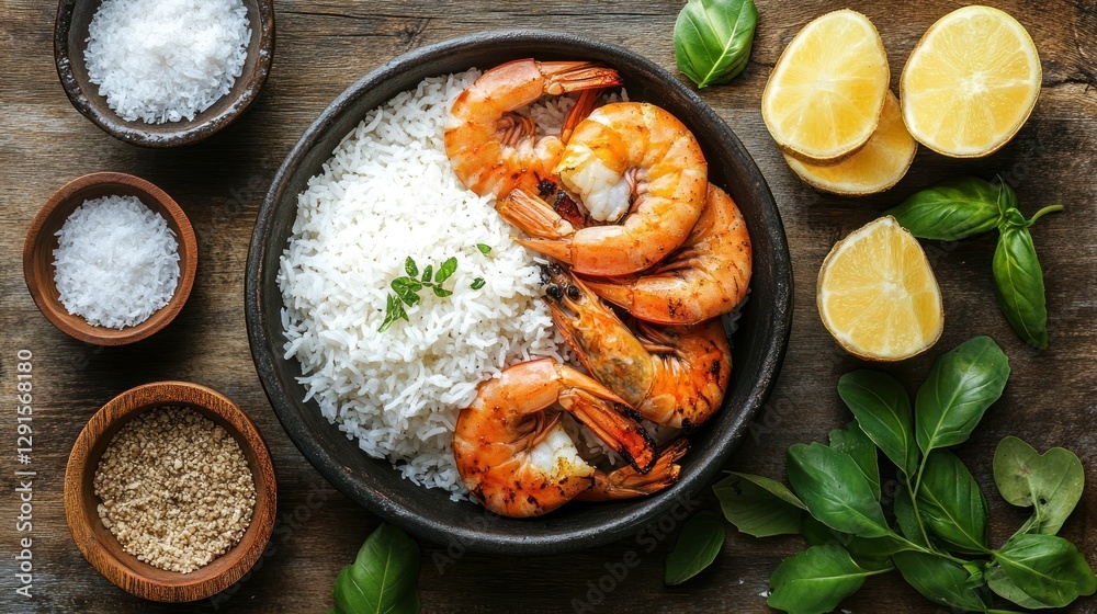 Grilled shrimp over rice, garnished with lemon and herbs on a rustic wooden table Grilled shrimp over rice, garnished with lemon and herbs on a rustic wooden table