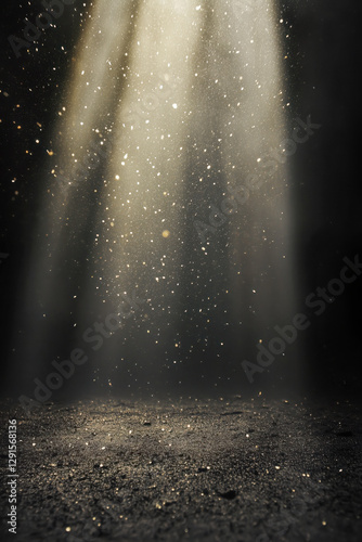 Godrays and small golden particles floating in the light in a dark black enviroment with smoke over a soil.
