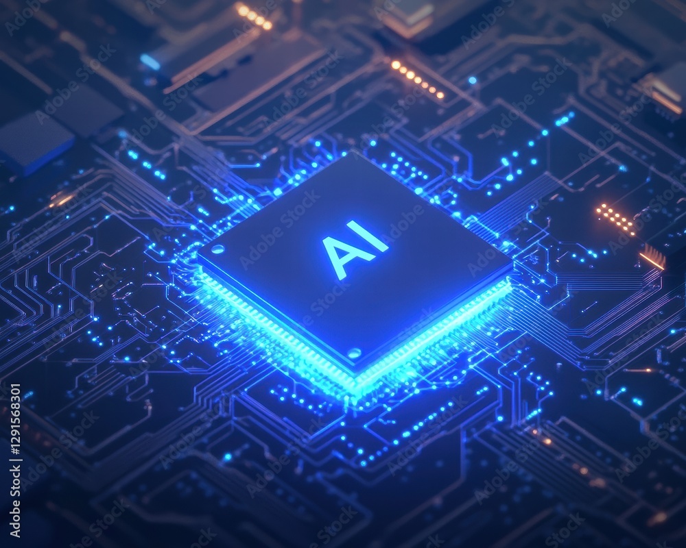 A central processing unit (CPU) on a circuit board with a glowing word A central processing unit (CPU) on a circuit board with a glowing word