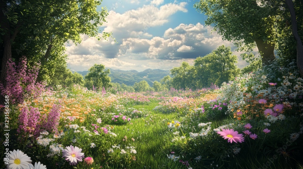 Obraz premium Vibrant Meadow Filled With Wildflowers Under a Cloudy Sky Showcasing the Beauty of Nature in Springtime