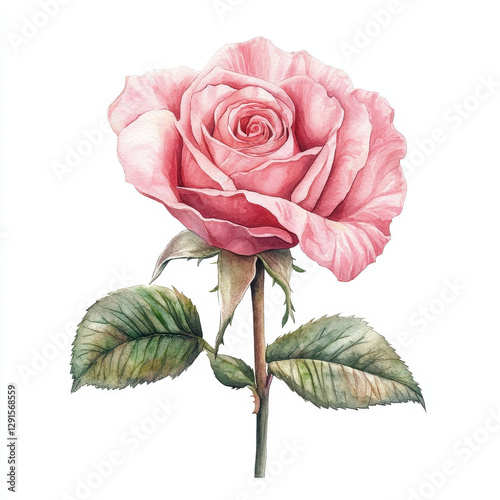 beautiful pink watercolor rose with delicate petals and green leaves, showcasing intricate details and soft, romantic feel. Perfect for botanical art lovers