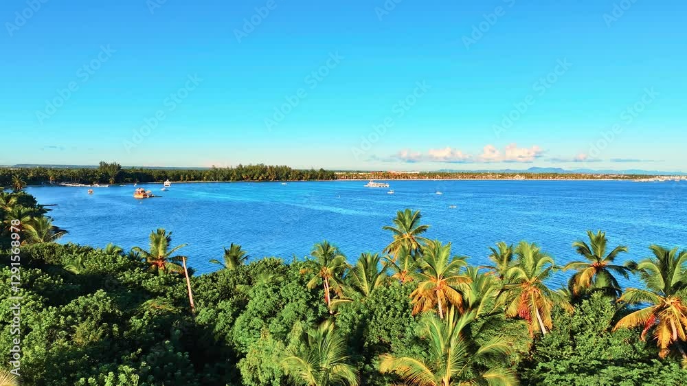 Green coconut palms with bright foliage decorate the seashore. A magnificent tropical landscape in sunny clear weather. The tropical beach merges seamlessly with the turquoise sea. Green coconut palms with bright foliage decorate the seashore. A magnificent tropical landscape in sunny clear weather. The tropical beach merges seamlessly with the turquoise sea.