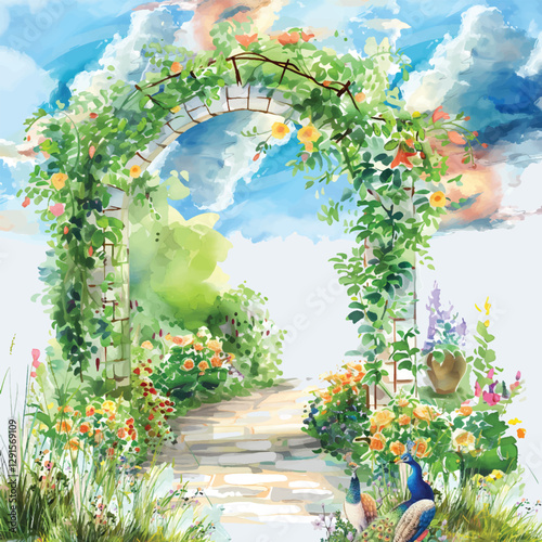 Beautiful flower gate garden Mughal art, Traditional Mughal peacock Garden. Mughal architecture illustration wallpaper. Botanical landscape illustration