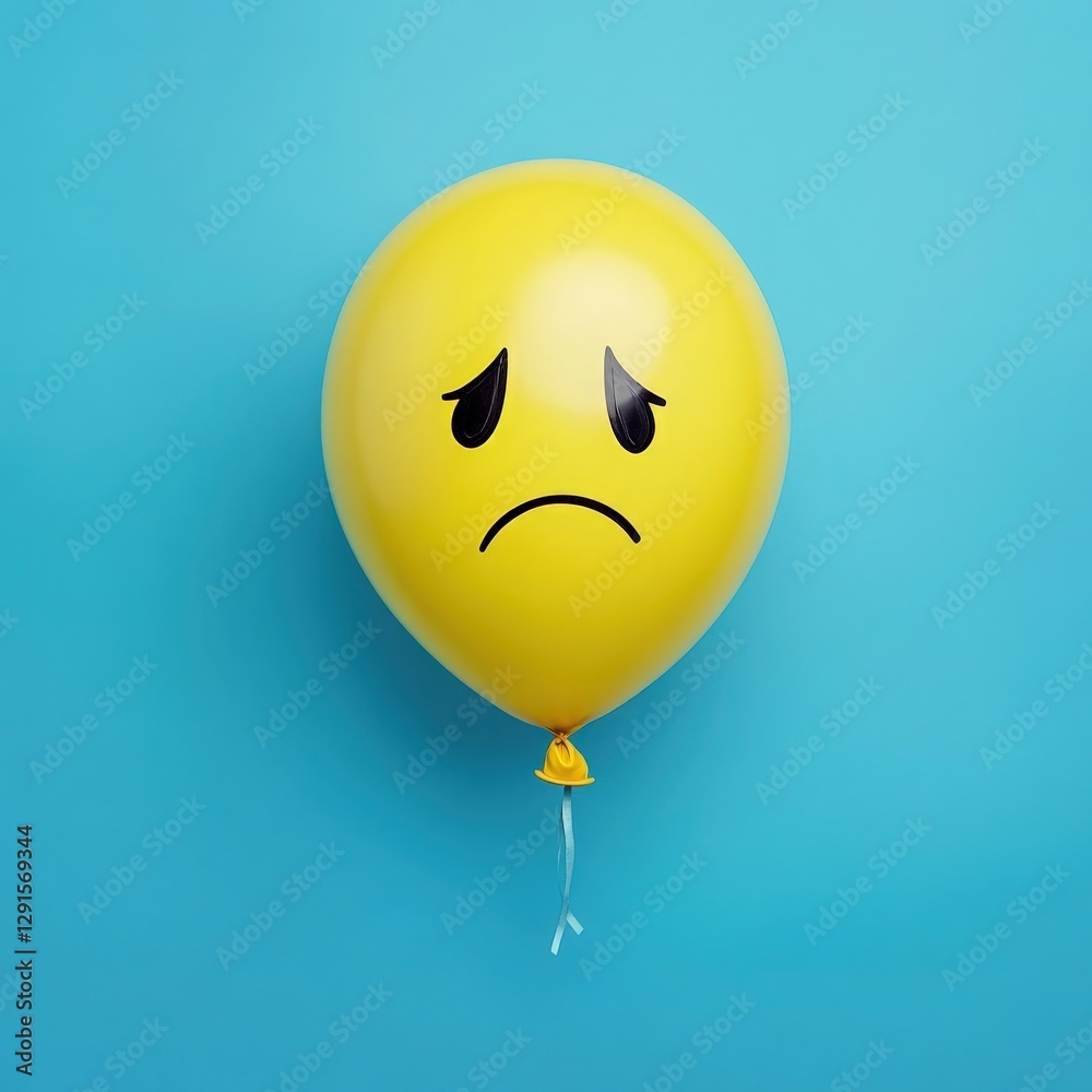 Fototapeta premium Yellow Balloon with Sad Face on Light Blue Background