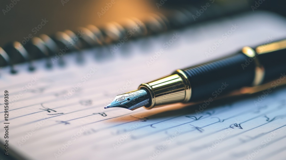 Close-up of a fountain pen resting on a lined notebook with blurred background elements Close-up of a fountain pen resting on a lined notebook with blurred background elements