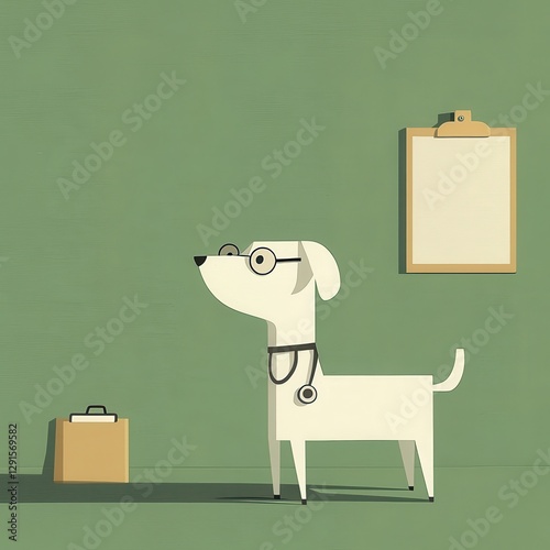 Cute Cartoon Dog Doctor with Stethoscope and Clipboard in a Minimalist Style on Green Background