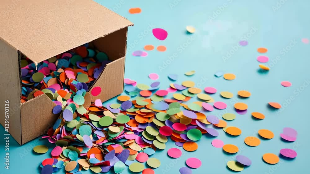 Colorful confetti spills from an open cardboard box against vibrant blue background
