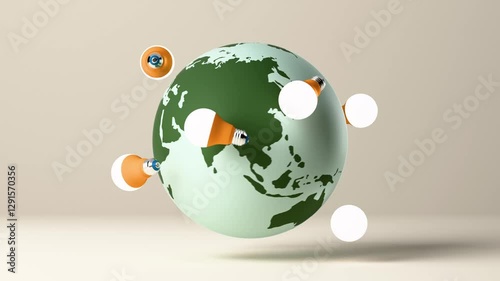 LED light bulbs rotate around the globe of the earth like satellites, light background. Concept of worldwide impact and innovation, eco-friendly energy and environmental conservation. 3d animation.