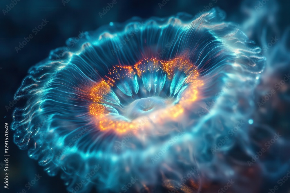 closeup of a bioluminescent plankton speck glowing teal core pulsing crimson halo fading soft water rippling tranquil and intricate marine marvel unfolding closeup of a bioluminescent plankton speck glowing teal core pulsing crimson halo fading soft water rippling tranquil and intricate marine marvel unfolding