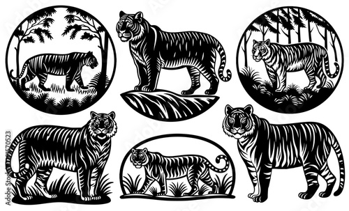 Monochrome tiger set standing amidst tall grass black and white vector illustration for wildlife and nature projects